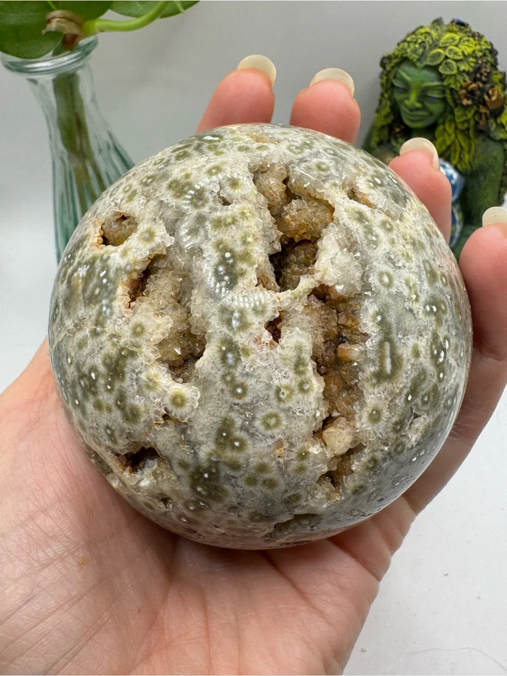 Natural Green-White ocean jasperGeode Sphere - Decorative Reptile Habitat Accent